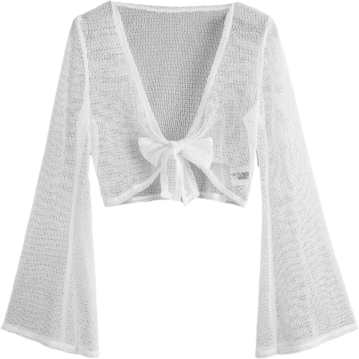 GORGLITTER Women's Tie Front Tops Bell Long Sleeve Crochet Knit Crop Cardigan Western Outfits