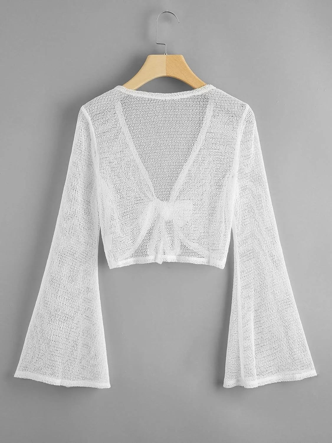 GORGLITTER Women's Tie Front Tops Bell Long Sleeve Crochet Knit Crop Cardigan Western Outfits