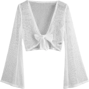 GORGLITTER Women's Tie Front Tops Bell Long Sleeve Crochet Knit Crop Cardigan Western Outfits