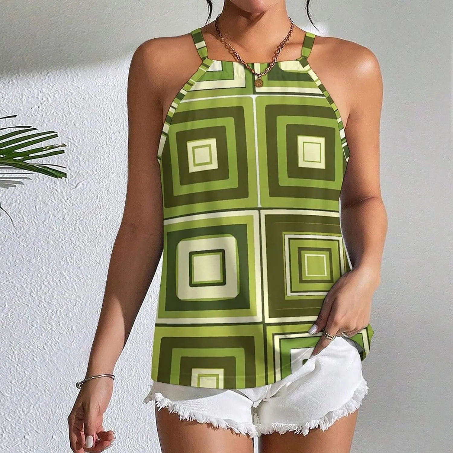 Green Squares Pattern Women's Tank Top Sleeveless Spaghetti Straps Tie Back Print T-shirt Tops