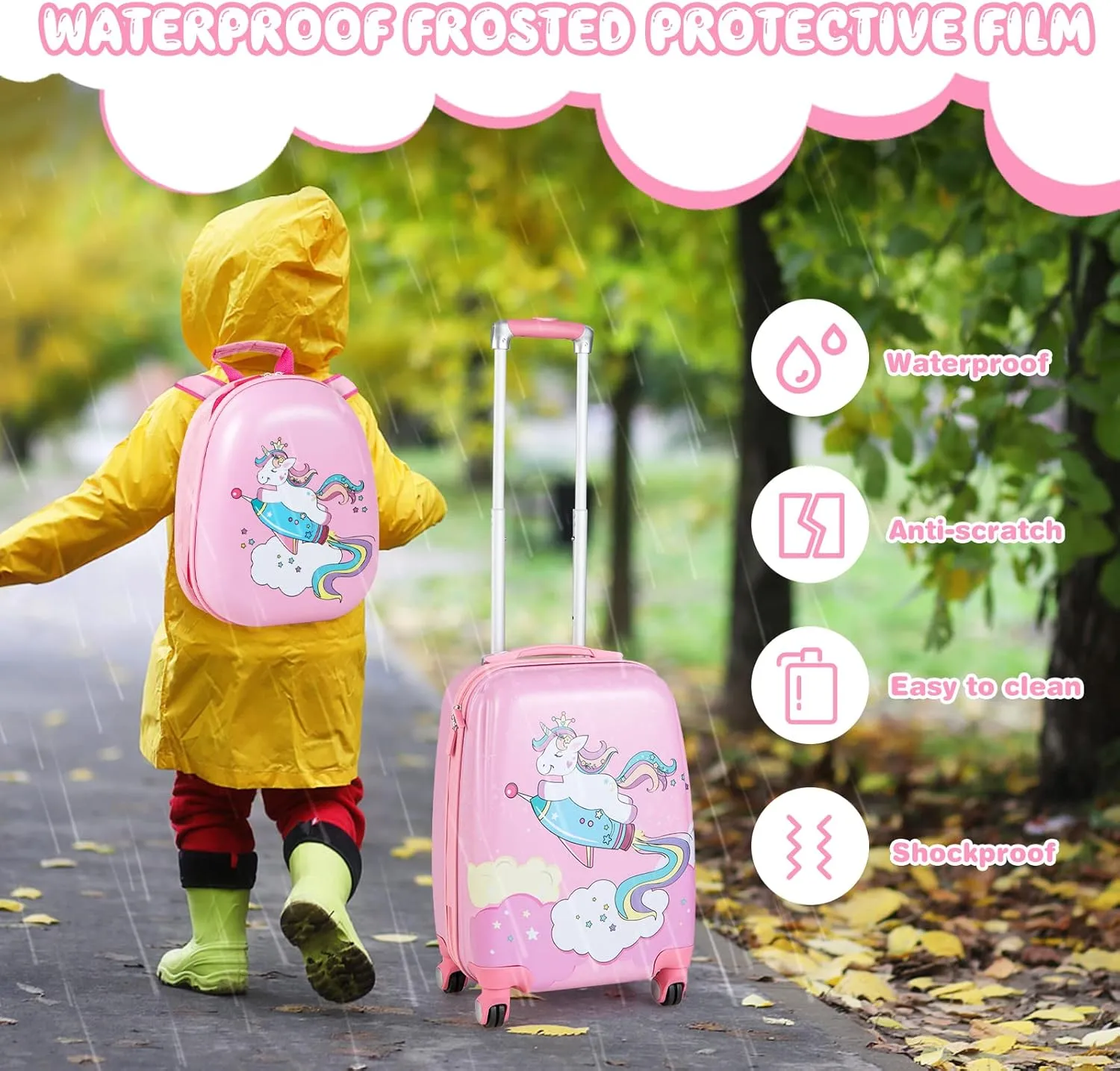 GYMAX 2Pc Kid Carry On Luggage Set, 12" & 18" Kids Suitcase with 4 Spinner Wheels, Travel Rolling Trolley
