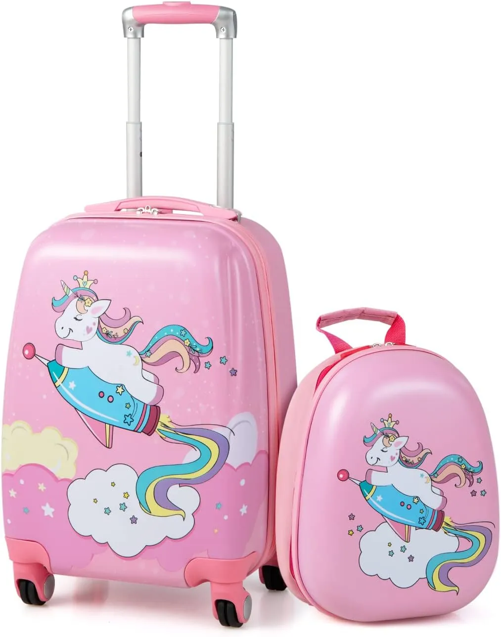 GYMAX 2Pc Kid Carry On Luggage Set, 12" & 18" Kids Suitcase with 4 Spinner Wheels, Travel Rolling Trolley