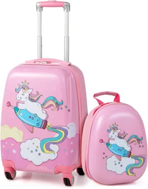 GYMAX 2Pc Kid Carry On Luggage Set, 12" & 18" Kids Suitcase with 4 Spinner Wheels, Travel Rolling Trolley