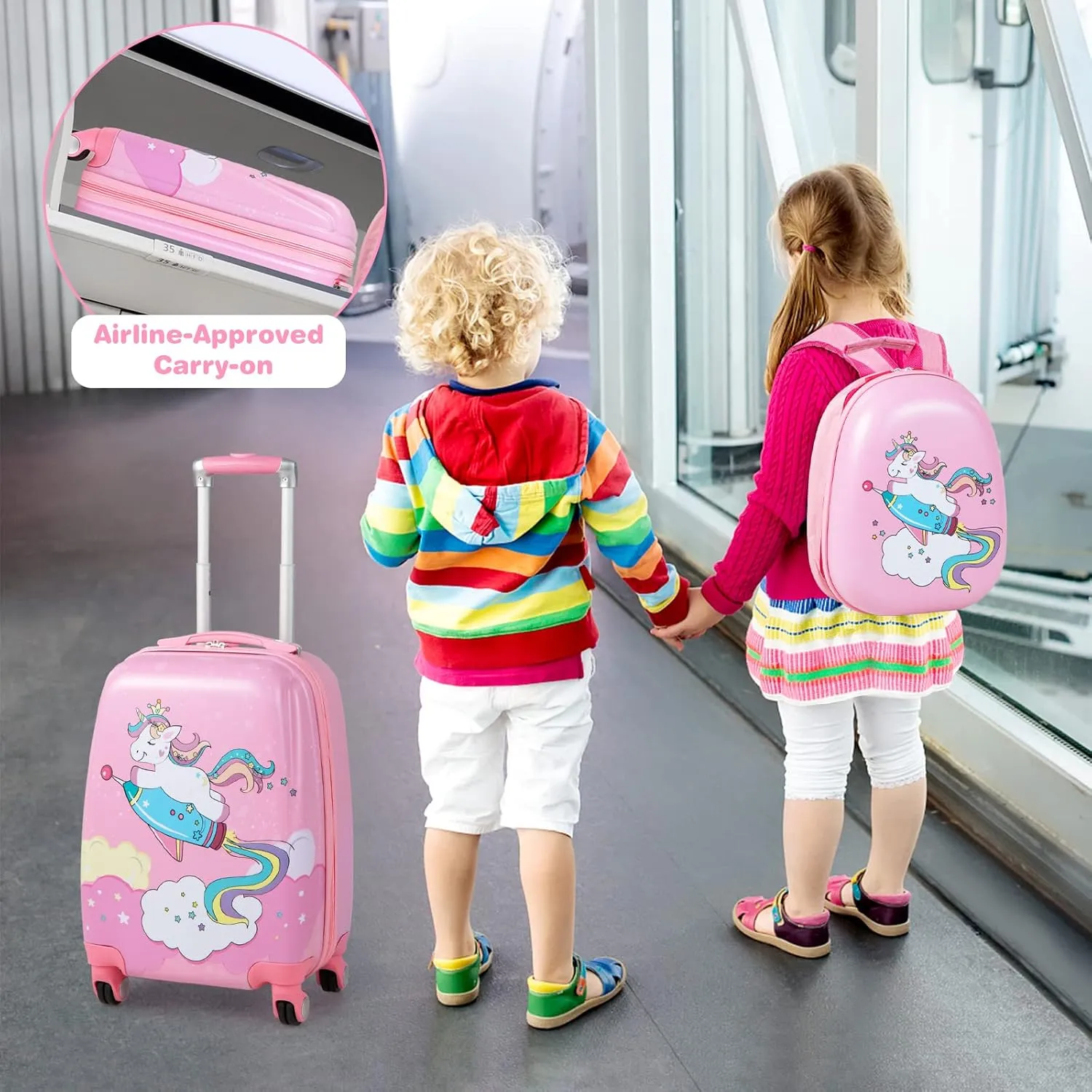 GYMAX 2Pc Kid Carry On Luggage Set, 12" & 18" Kids Suitcase with 4 Spinner Wheels, Travel Rolling Trolley