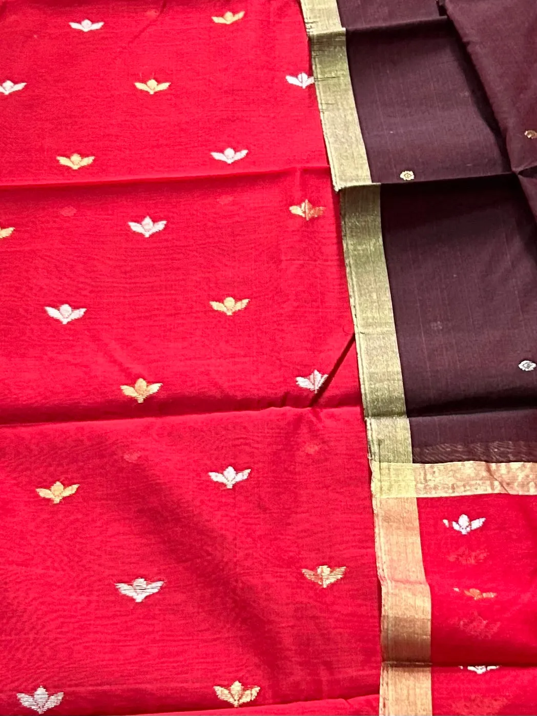 Handloom Chanderi Silk Top Dupatta Set with Weaving Gold Silver Bootis