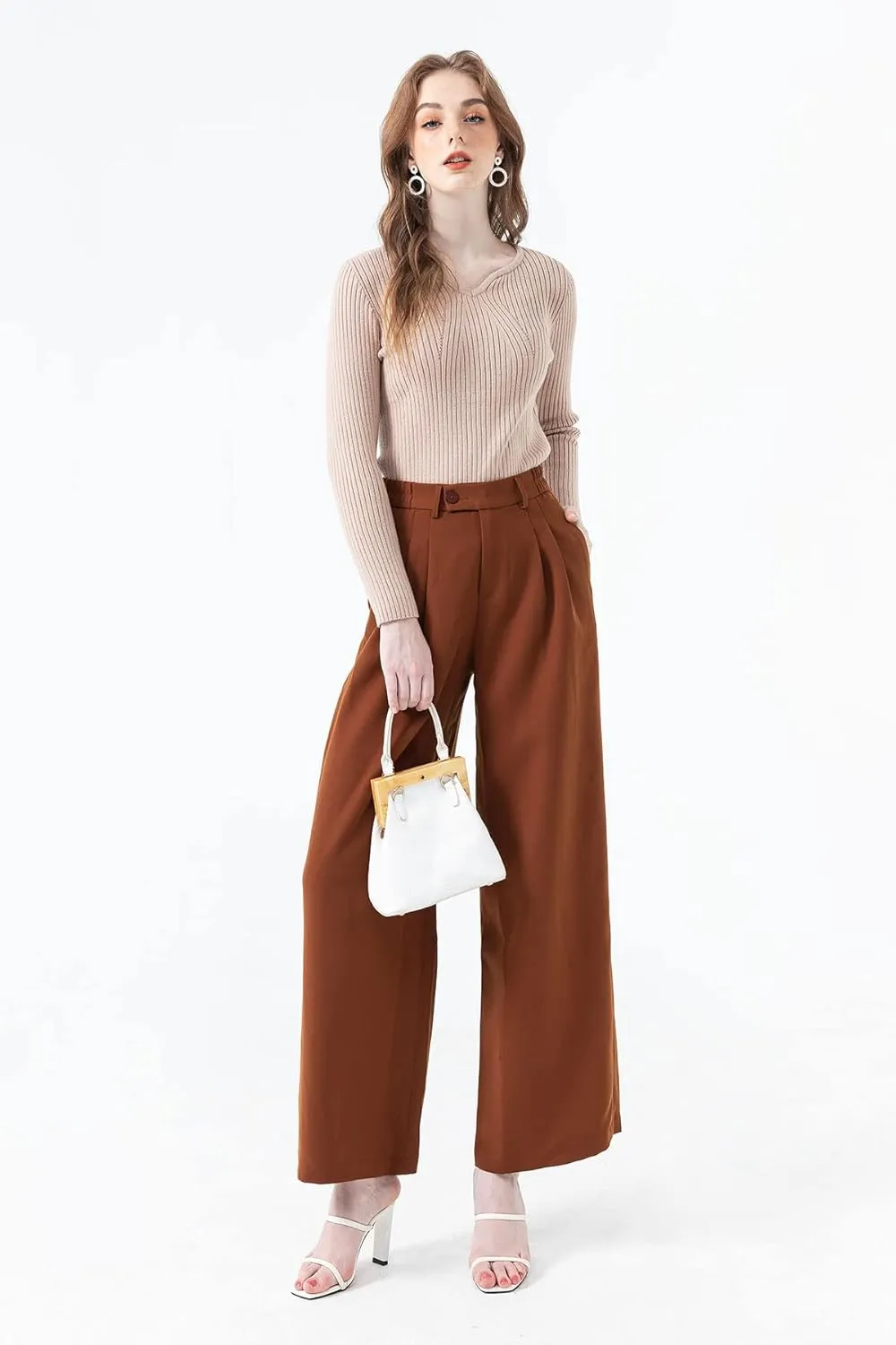 High Waisted Petite Wide Leg 70s Work Pants Palazzo for Office Casual Business Women