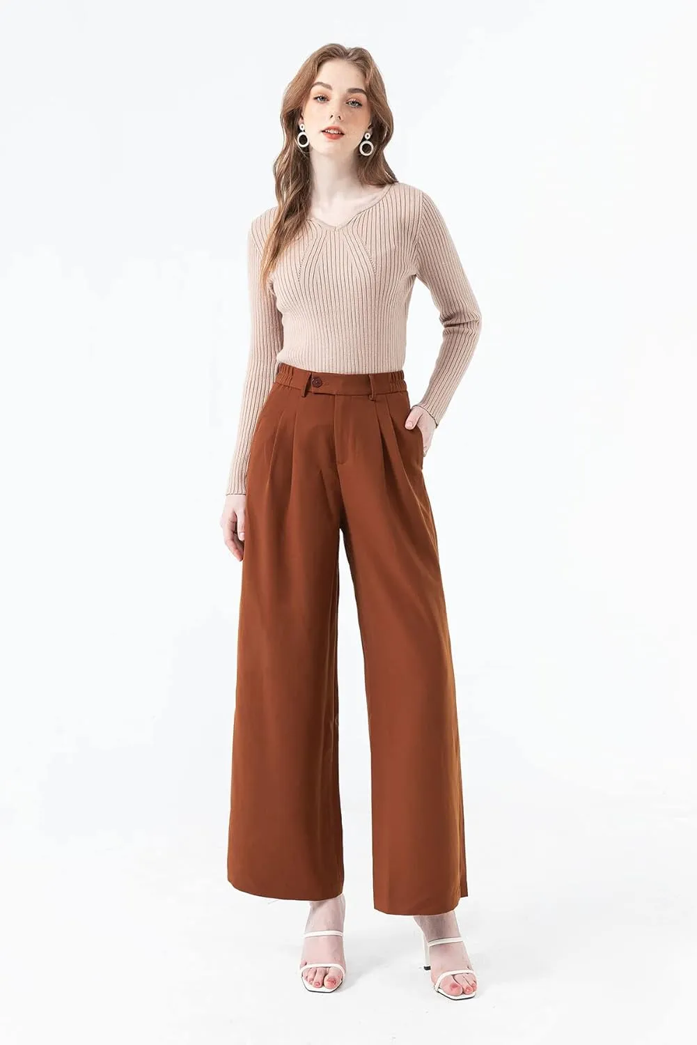 High Waisted Petite Wide Leg 70s Work Pants Palazzo for Office Casual Business Women