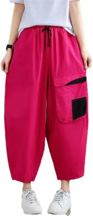 Hndudnff Women Patchwork Casual Harem Pants Streetwear Big Pocket Loose Ankle-Length Casual Pants