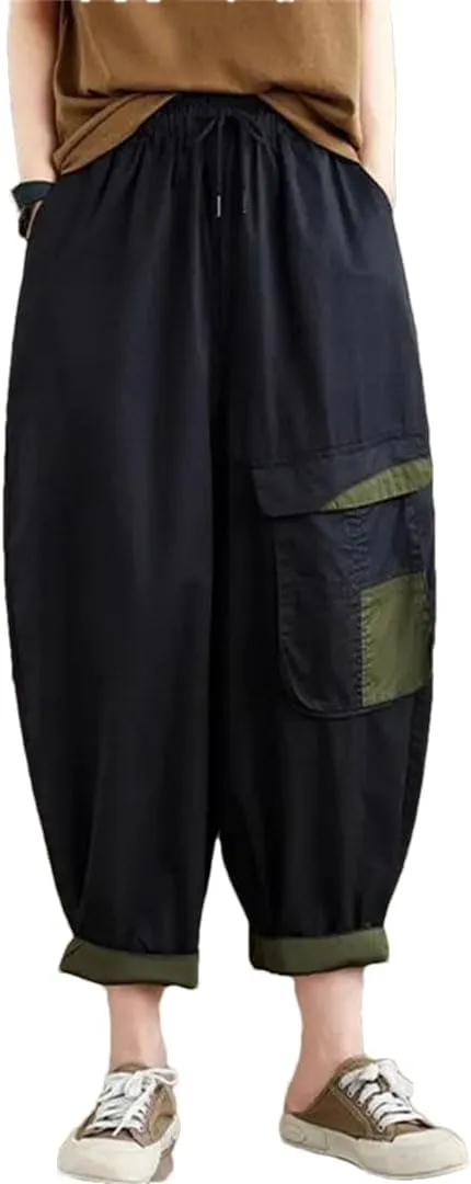 Hndudnff Women Patchwork Casual Harem Pants Streetwear Big Pocket Loose Ankle-Length Casual Pants