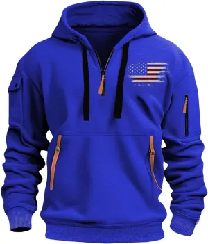 Hoodies for Men Quarter-Zip Pullover Tactical Sweatshirt USA Flag Print Vintage Casual Fashion Hoodie With Pockets
