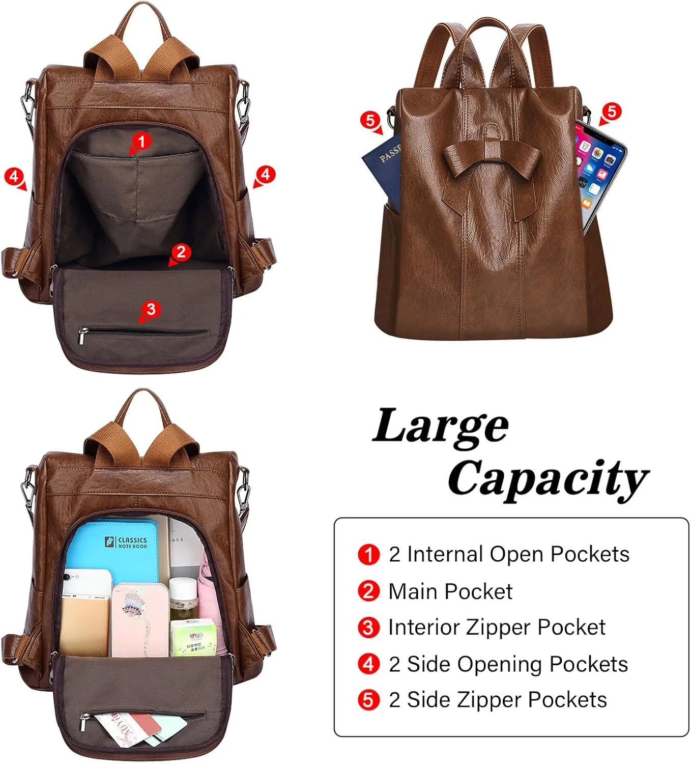 HUA ANGEL Women's Leather Backpack Purse Anti-Theft Daypacks for Travel College Office Shopping Carry on Bags Everyday Use