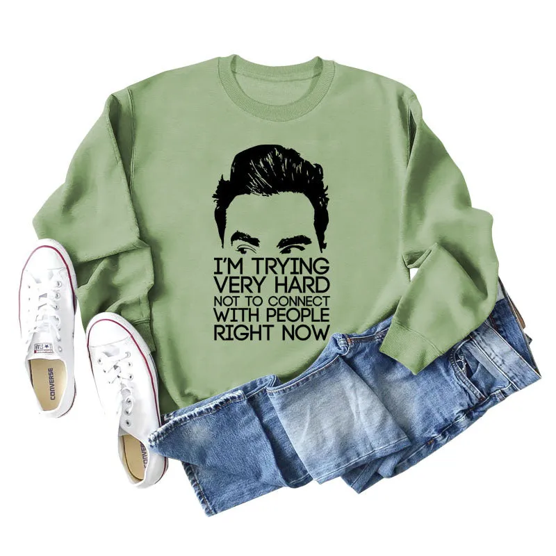 I'M TRYING VERY HARD Letters Round Neck Print Long-sleeved Large Size Sweater