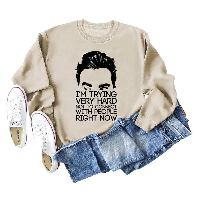 I'M TRYING VERY HARD Letters Round Neck Print Long-sleeved Large Size Sweater
