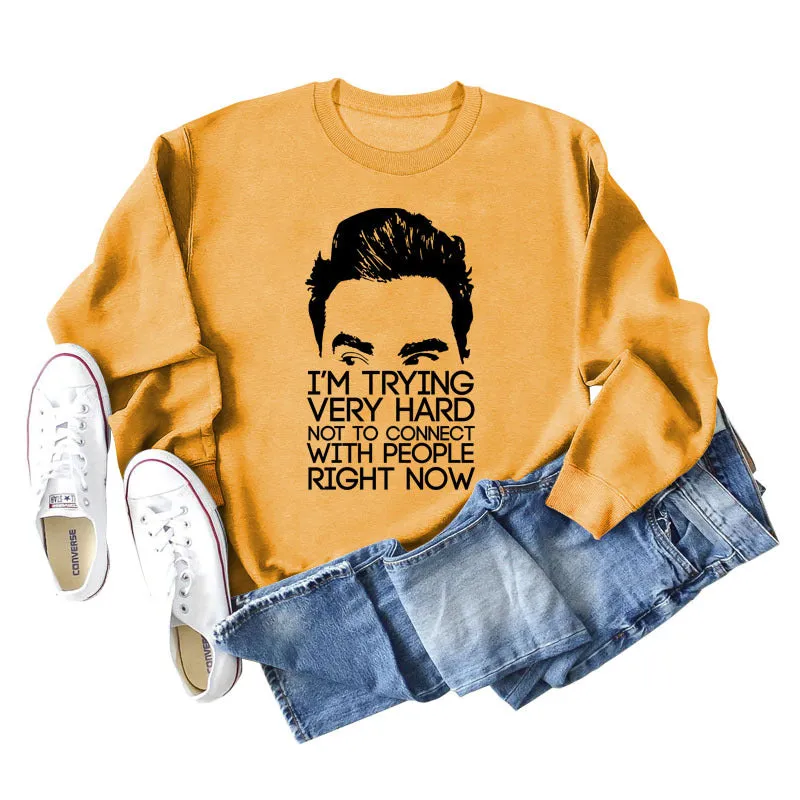 I'M TRYING VERY HARD Letters Round Neck Print Long-sleeved Large Size Sweater