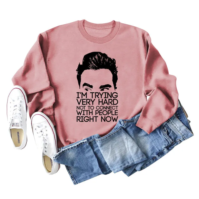 I'M TRYING VERY HARD Letters Round Neck Print Long-sleeved Large Size Sweater