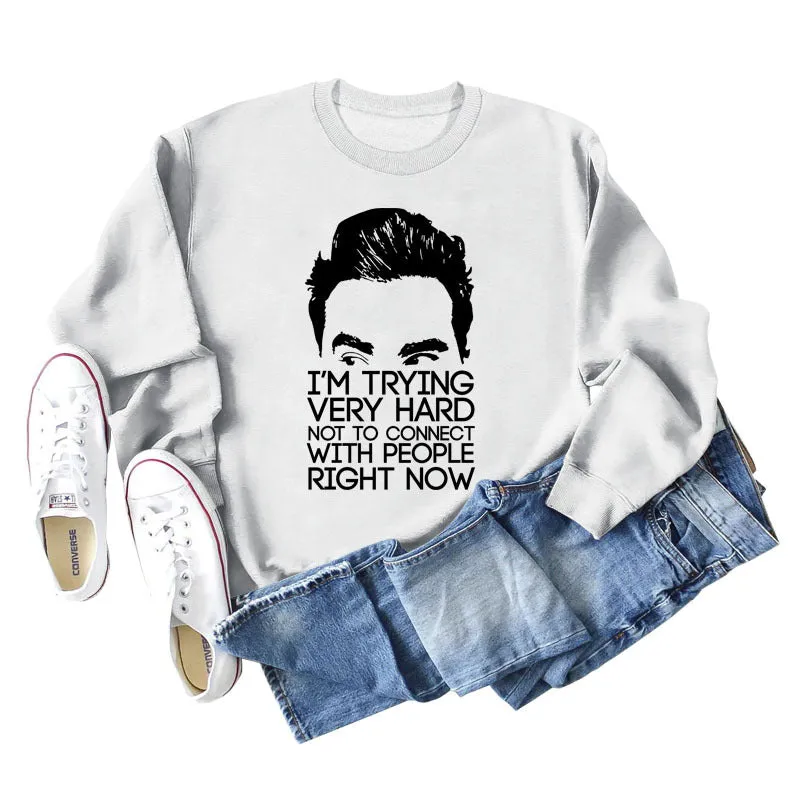 I'M TRYING VERY HARD Letters Round Neck Print Long-sleeved Large Size Sweater