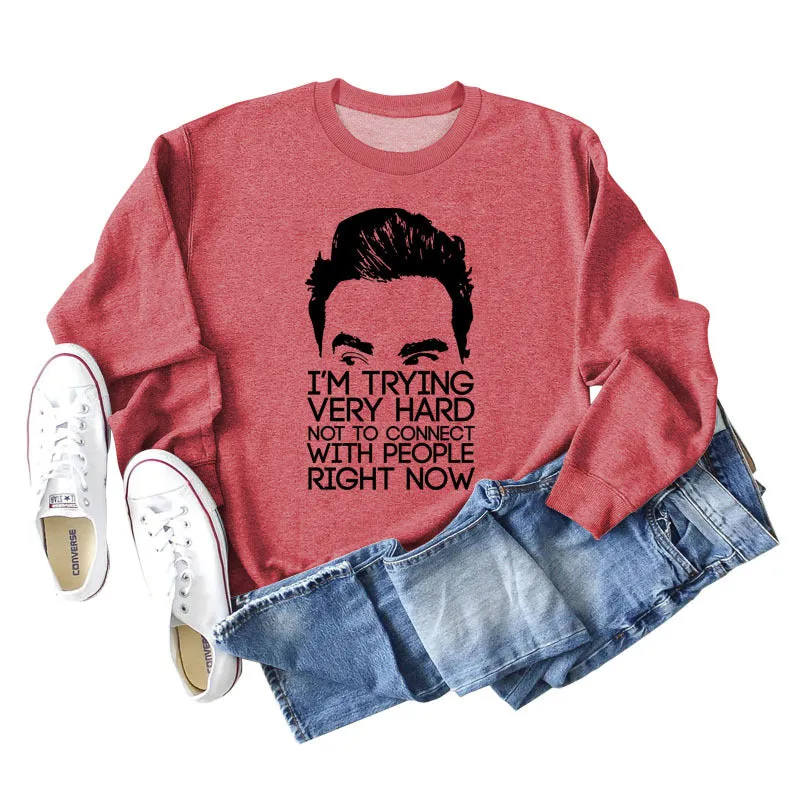 I'M TRYING VERY HARD Letters Round Neck Print Long-sleeved Large Size Sweater