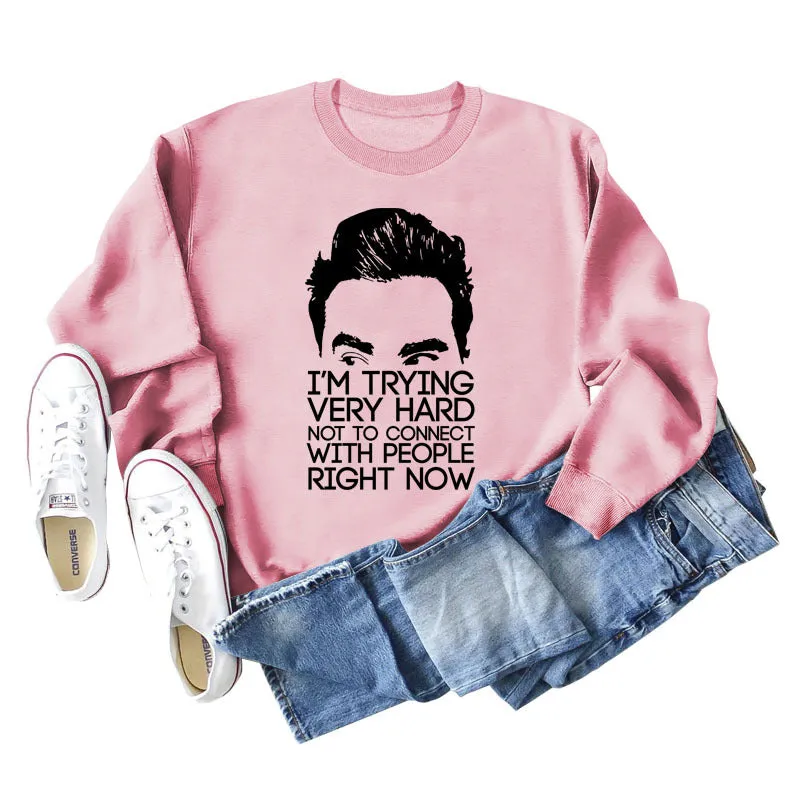 I'M TRYING VERY HARD Letters Round Neck Print Long-sleeved Large Size Sweater