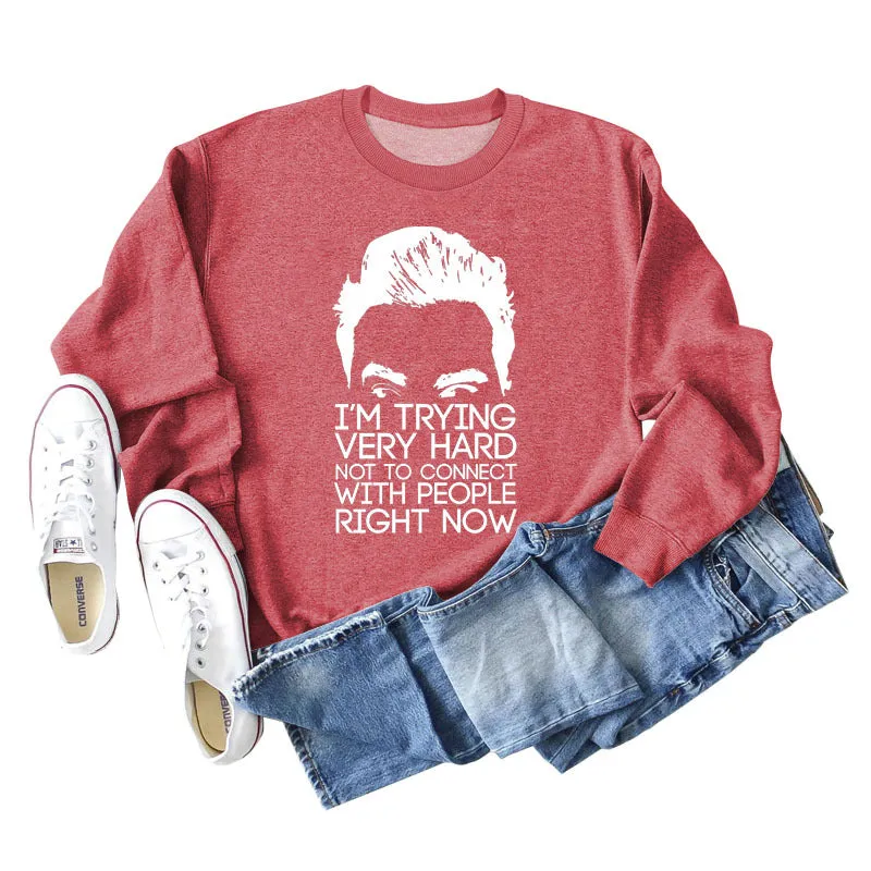 I'M TRYING VERY HARD Letters Round Neck Print Long-sleeved Large Size Sweater