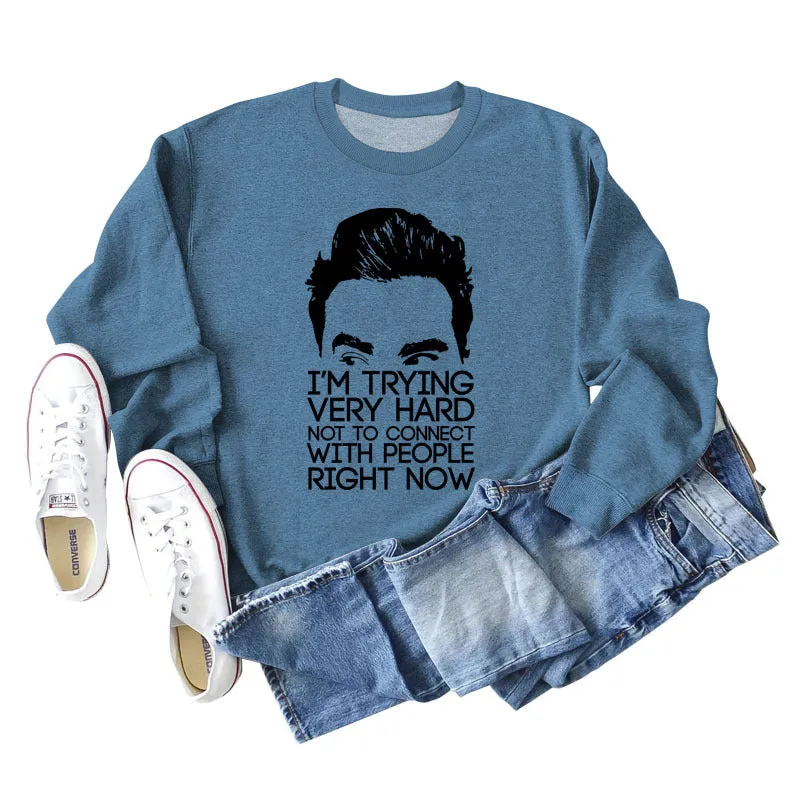 I'M TRYING VERY HARD Letters Round Neck Print Long-sleeved Large Size Sweater