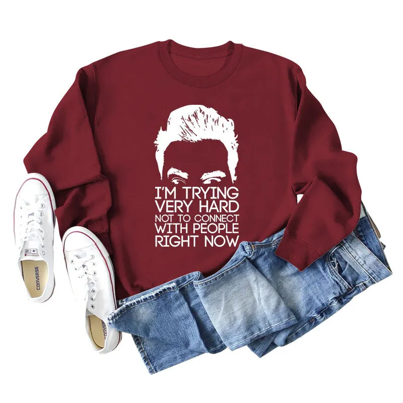 I'M TRYING VERY HARD Letters Round Neck Print Long-sleeved Large Size Sweater