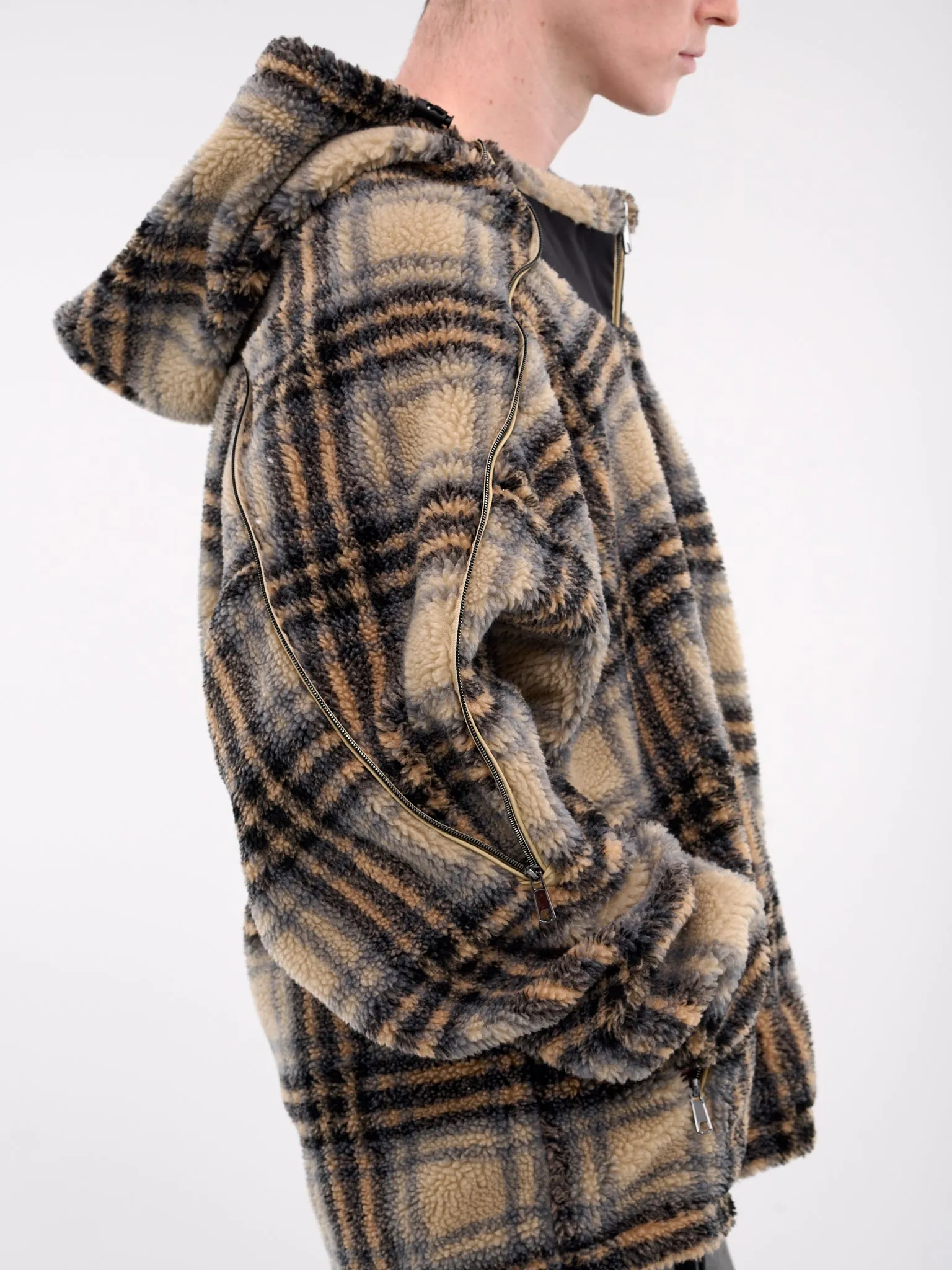 Insert Hood Fleece Pullover (209JA003-F571-BEIGE-BLACK-CHEC)