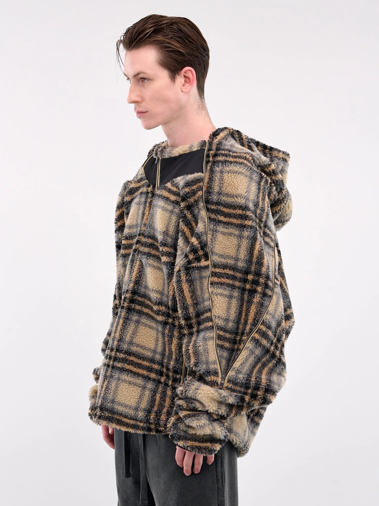 Insert Hood Fleece Pullover (209JA003-F571-BEIGE-BLACK-CHEC)