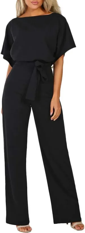 jsaierl Women Summer Casual Short Sleeve Jumpsuit Elegant Dressy High Waisted Tie Wide Leg Romper Fashion One Piece Outfits