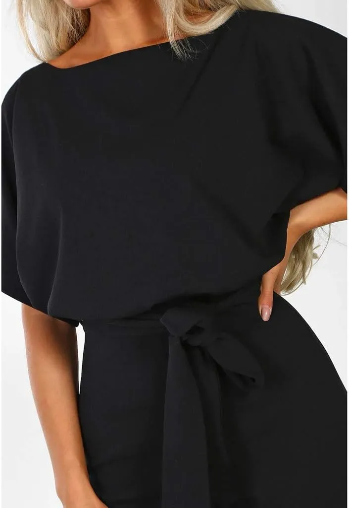 jsaierl Women Summer Casual Short Sleeve Jumpsuit Elegant Dressy High Waisted Tie Wide Leg Romper Fashion One Piece Outfits