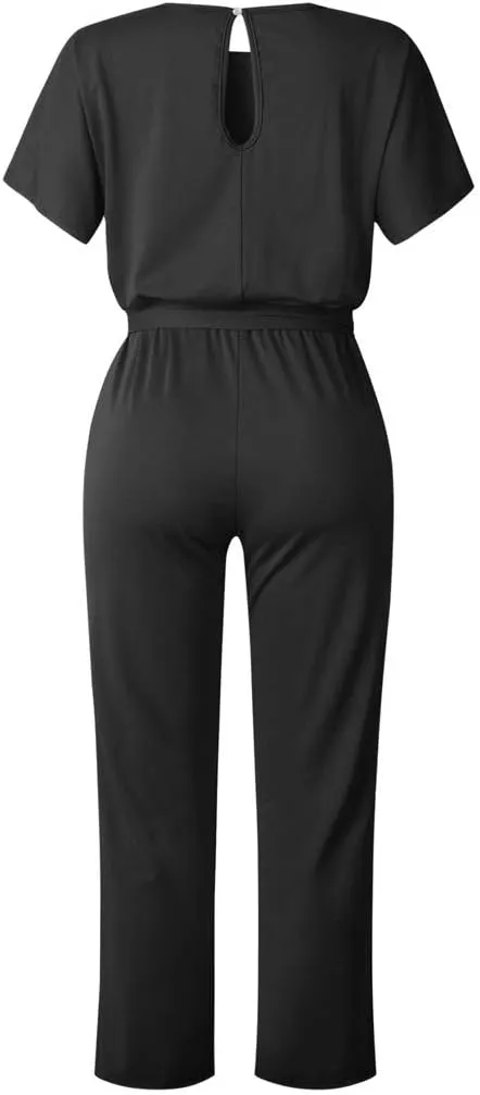 jsaierl Women Summer Casual Short Sleeve Jumpsuit Elegant Dressy High Waisted Tie Wide Leg Romper Fashion One Piece Outfits