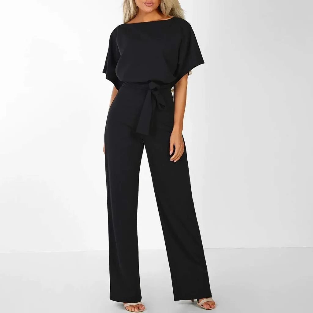 jsaierl Women Summer Casual Short Sleeve Jumpsuit Elegant Dressy High Waisted Tie Wide Leg Romper Fashion One Piece Outfits