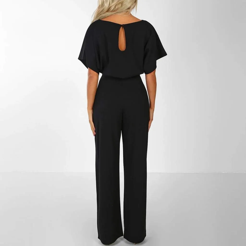 jsaierl Women Summer Casual Short Sleeve Jumpsuit Elegant Dressy High Waisted Tie Wide Leg Romper Fashion One Piece Outfits