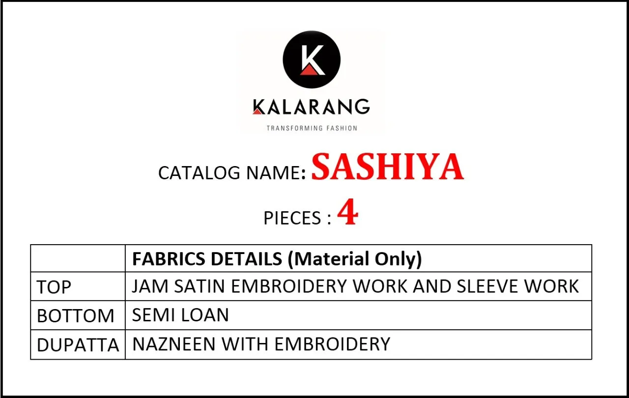 Kalarang Fashion Sashiya Jam Satin Embroidery Work Salwar Suits