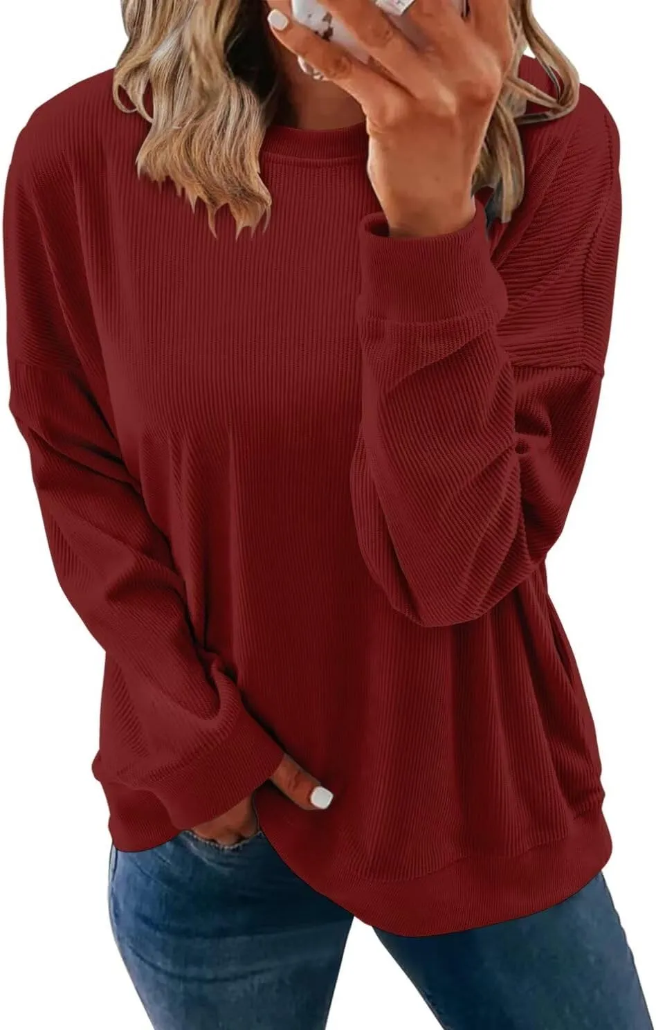 KISSMODA Women's Casual Long Sleeve Sweatshirt Color Block/Solid Crewneck Corduroy Pullover Cute Tops