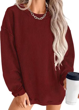 KISSMODA Women's Casual Long Sleeve Sweatshirt Color Block/Solid Crewneck Corduroy Pullover Cute Tops