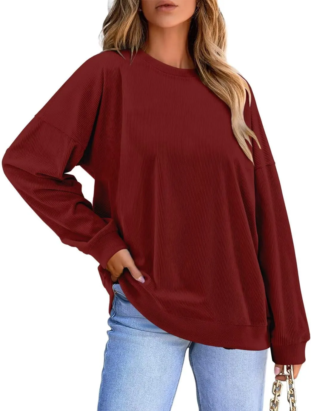 KISSMODA Women's Casual Long Sleeve Sweatshirt Color Block/Solid Crewneck Corduroy Pullover Cute Tops