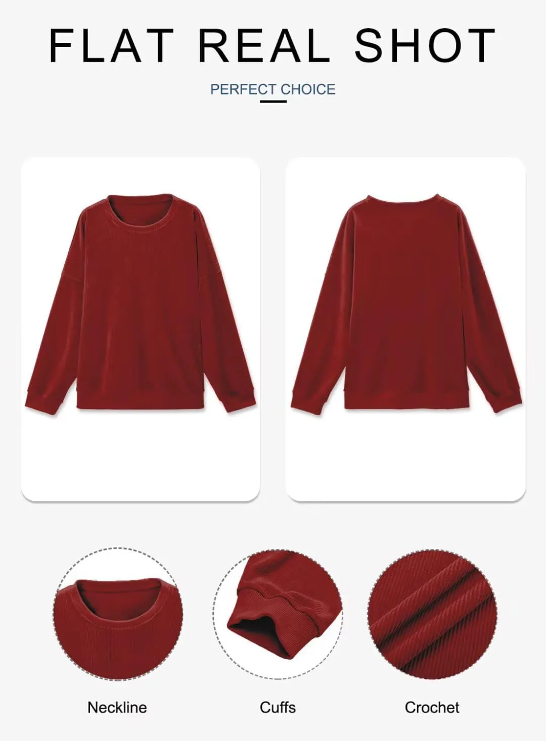 KISSMODA Women's Casual Long Sleeve Sweatshirt Color Block/Solid Crewneck Corduroy Pullover Cute Tops