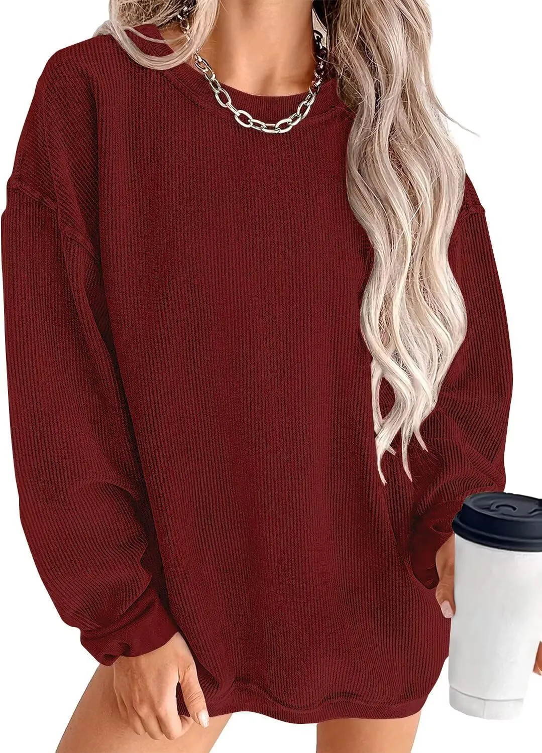 KISSMODA Women's Casual Long Sleeve Sweatshirt Color Block/Solid Crewneck Corduroy Pullover Cute Tops