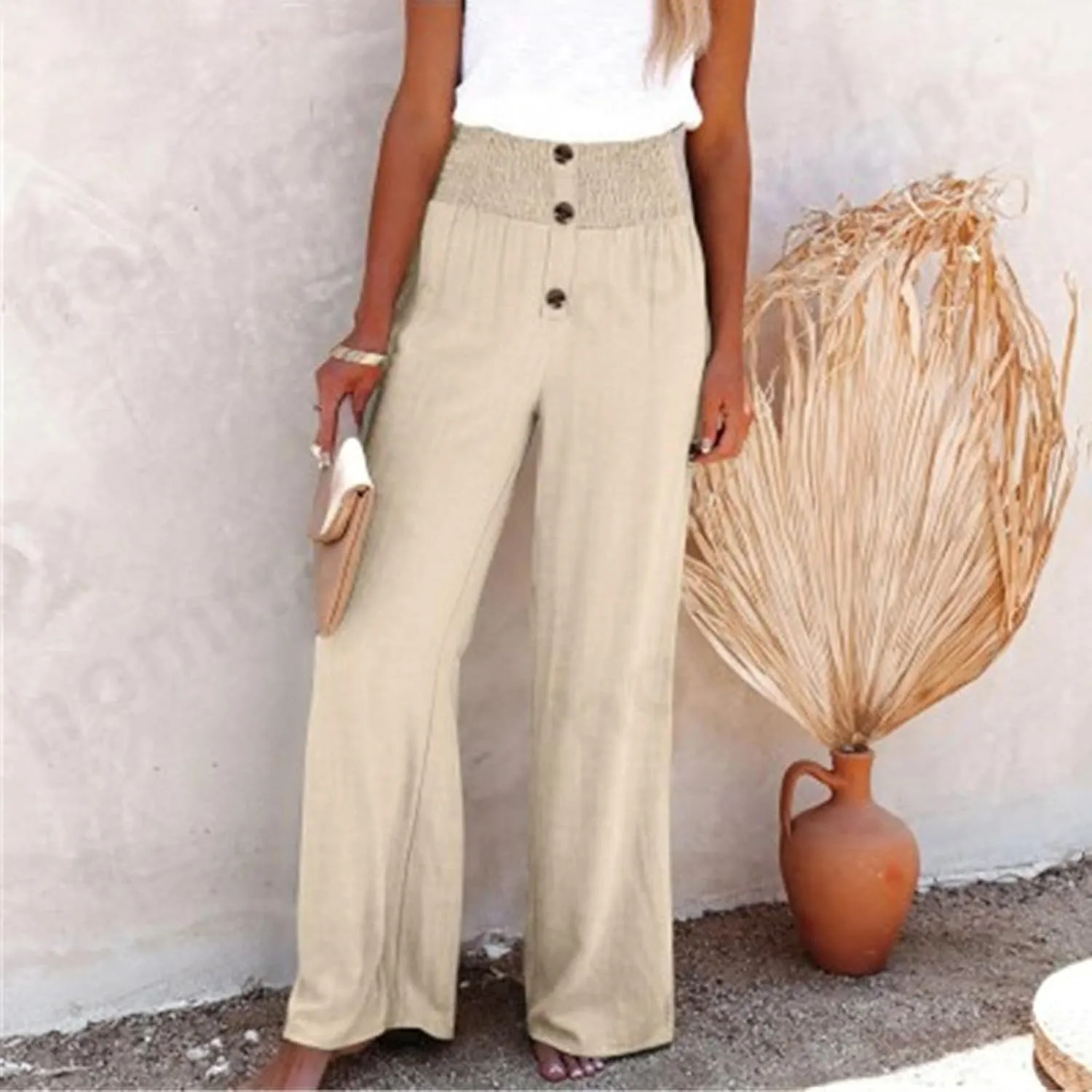 Lastesso Wide Leg Pants Woman Cotton Linen Summer Palazzo Pants Trendy High Waisted Palazzo Trousers Lightweight Boho Clothes