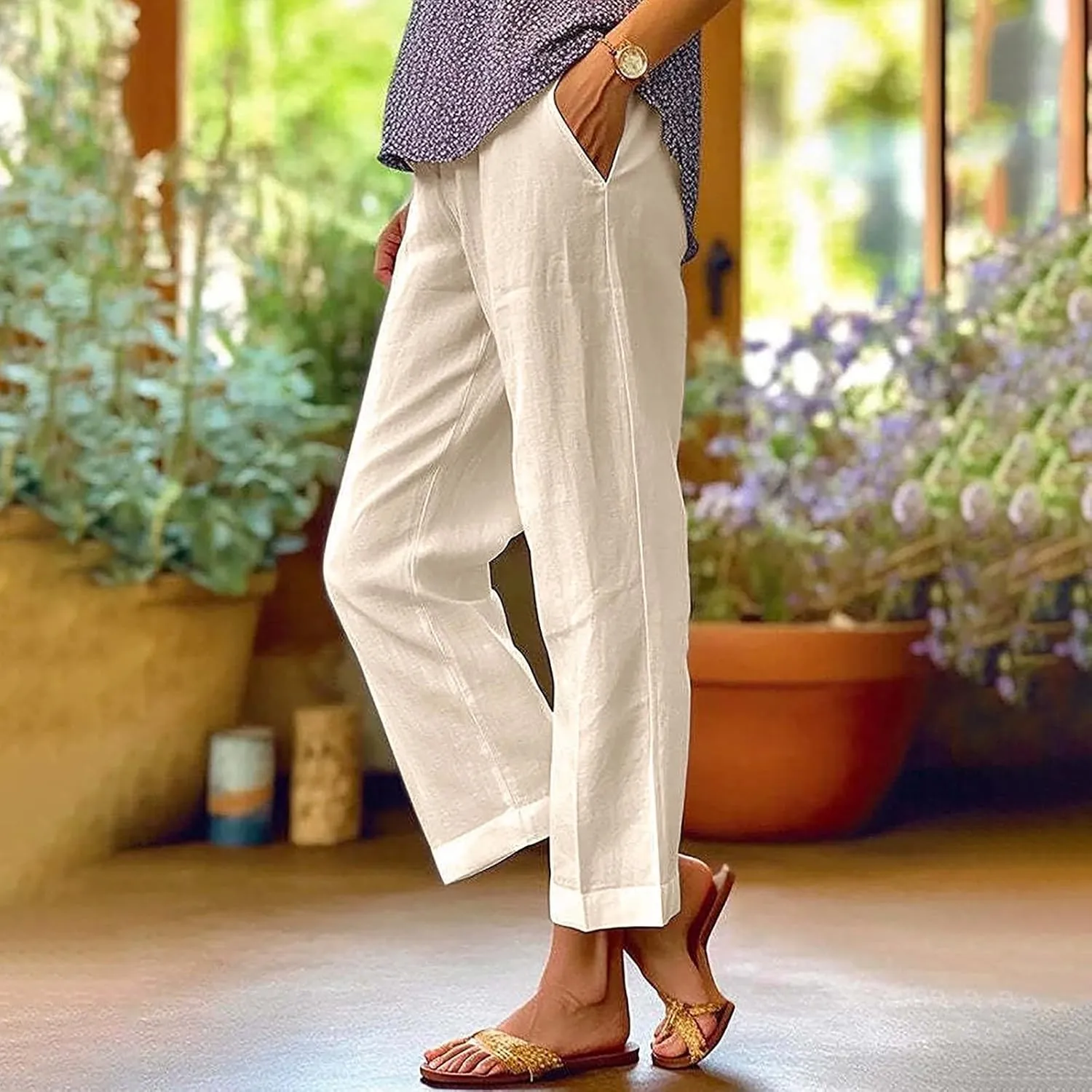 LCMTWX Womens Cotton Linen Palazzo Pants Pants Long Drawstring Linen Women Waist Cotton Casual Pants Women Linen Palazzo