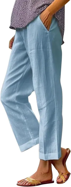 LCMTWX Women's Summer Casual Linen Pants 2024 Long Drawstring Linen Women Waist Cotton Casual Pants Elastic Waist Loose Fit