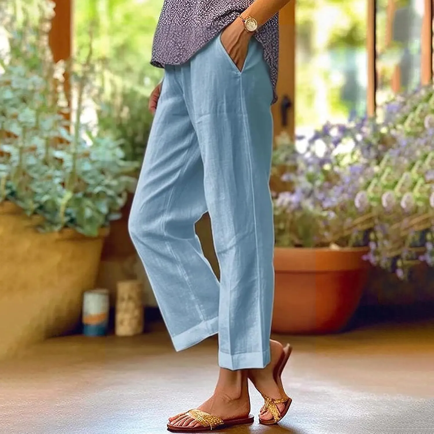 LCMTWX Women's Summer Casual Linen Pants 2024 Long Drawstring Linen Women Waist Cotton Casual Pants Elastic Waist Loose Fit