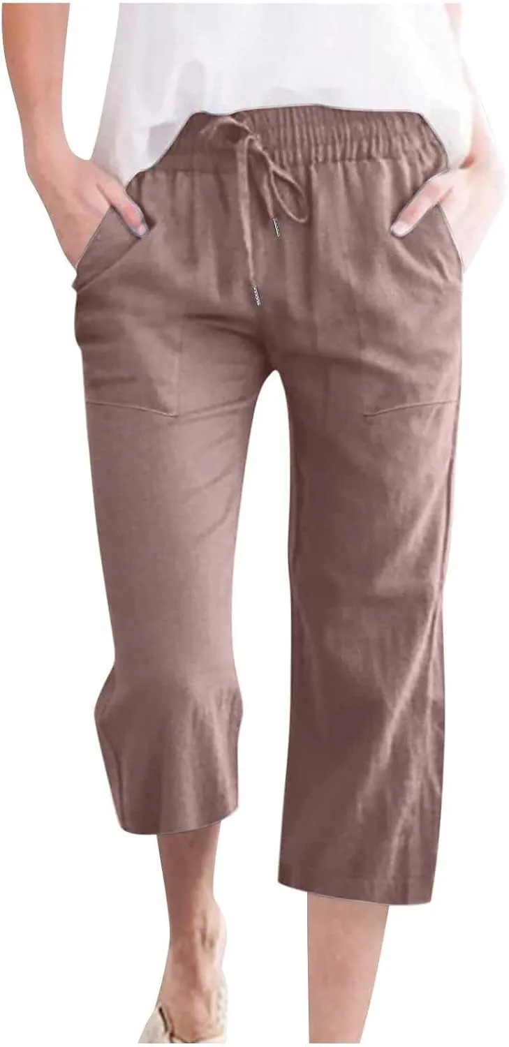 Lightweight Linen Pants Women Linen Pant Drawstring Elastic Trousers Comfy Straight Leg Linen Blend Pants Linen Outfit