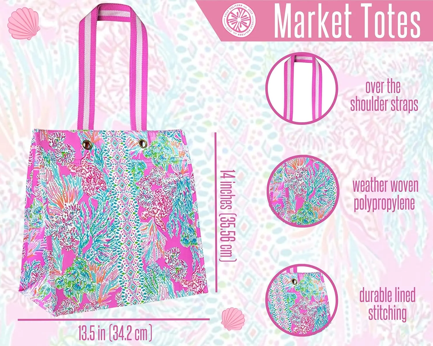 Lilly Pulitzer Market Shopper Bag, Reusable Grocery Tote, Shoulder Bag for Produce or Travel