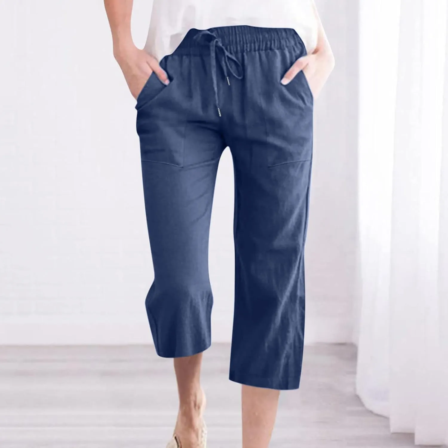 Linen Capri Pants for Women Casual 2025 Summer Drawstring Elastic High Waist Capris Wide Leg Cropped Trousers