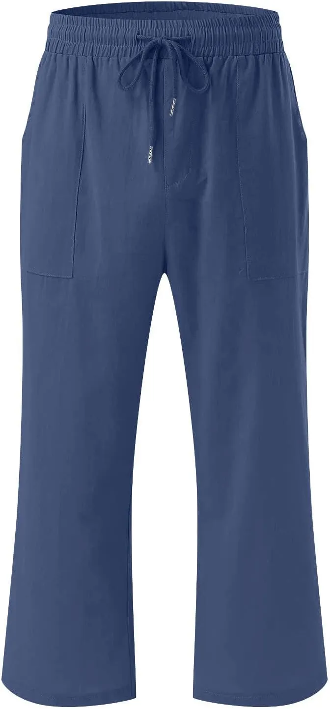 Linen Capri Pants for Women Casual 2025 Summer Drawstring Elastic High Waist Capris Wide Leg Cropped Trousers