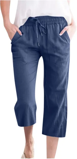 Linen Capri Pants for Women Casual 2025 Summer Drawstring Elastic High Waist Capris Wide Leg Cropped Trousers