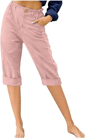 Linen Capri Pants for Women Casual Summer High Waist Wide Leg Cropped Lounge Pant Trousers Beach Vacation Outfits