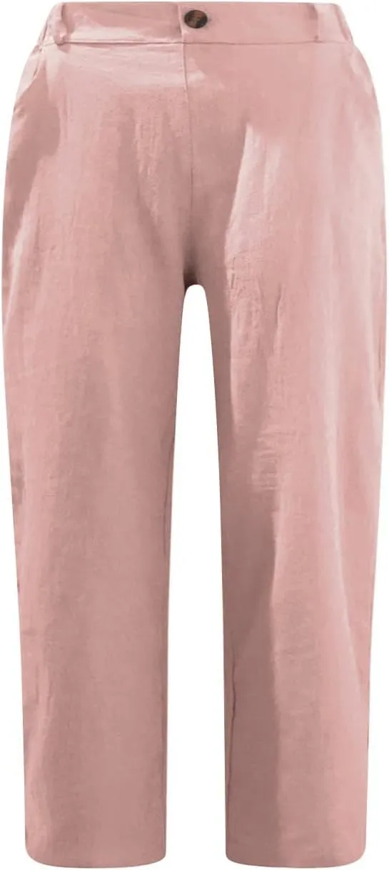 Linen Capri Pants for Women Casual Summer High Waist Wide Leg Cropped Lounge Pant Trousers Beach Vacation Outfits