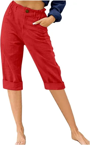 Linen Capri Pants for Women Casual Summer High Waist Wide Leg Cropped Lounge Pant Trousers Beach Vacation Outfits